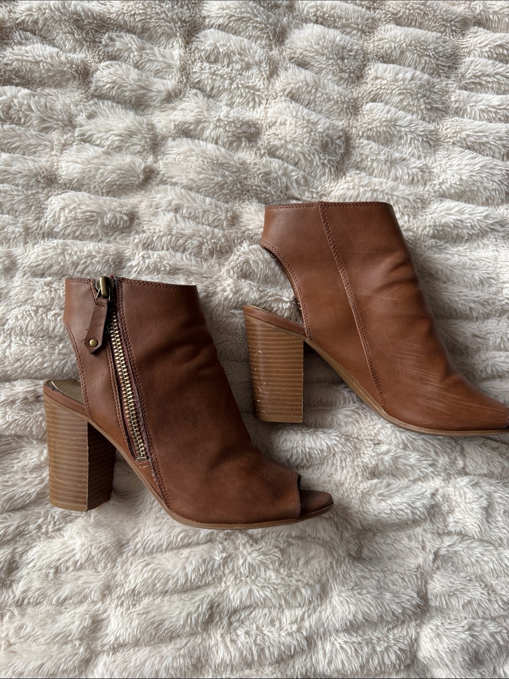 Madden Girl Brown Leather Peep-Toe Block Heel Mules